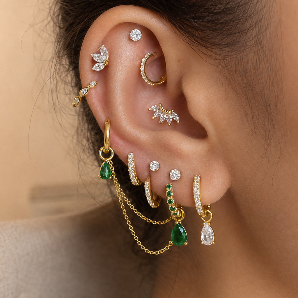 Emerald Teardrop – Gold-Tone Crystal Ear Stack Set