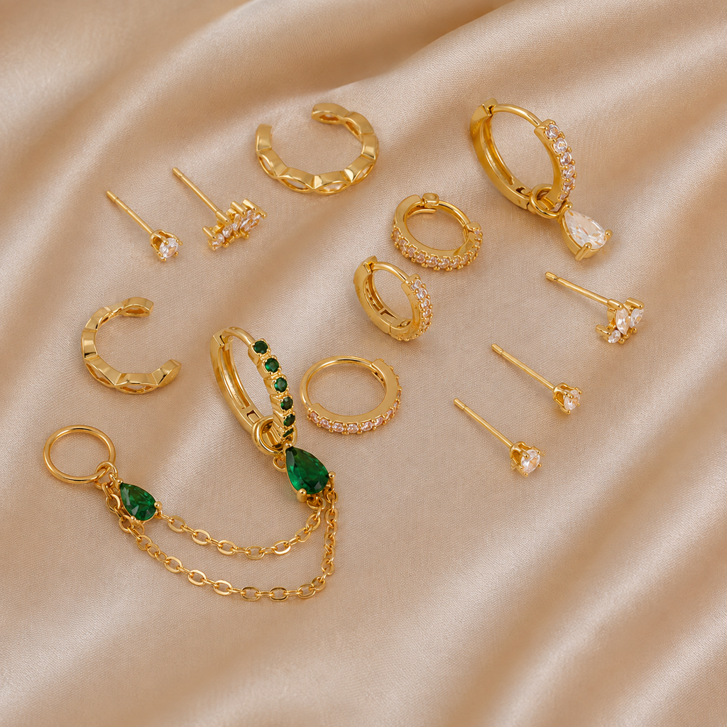 Emerald Teardrop – Gold-Tone Crystal Ear Stack Set