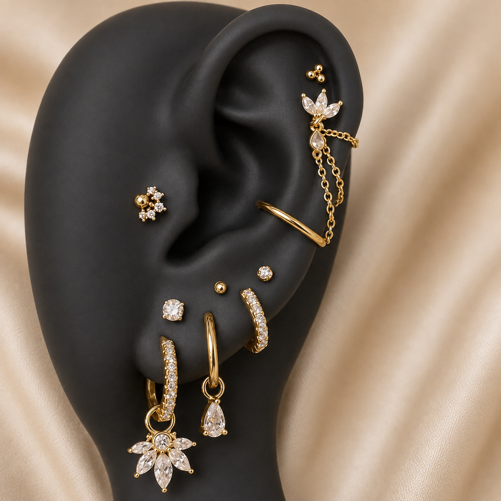 Crystal Bloom Chain Ear Stack – Gold-Tone Clear Stone Set
