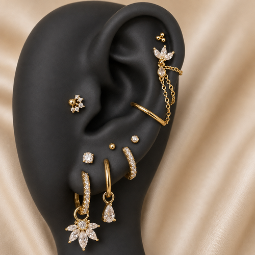 Crystal Bloom Chain Ear Stack – Gold-Tone Clear Stone Set