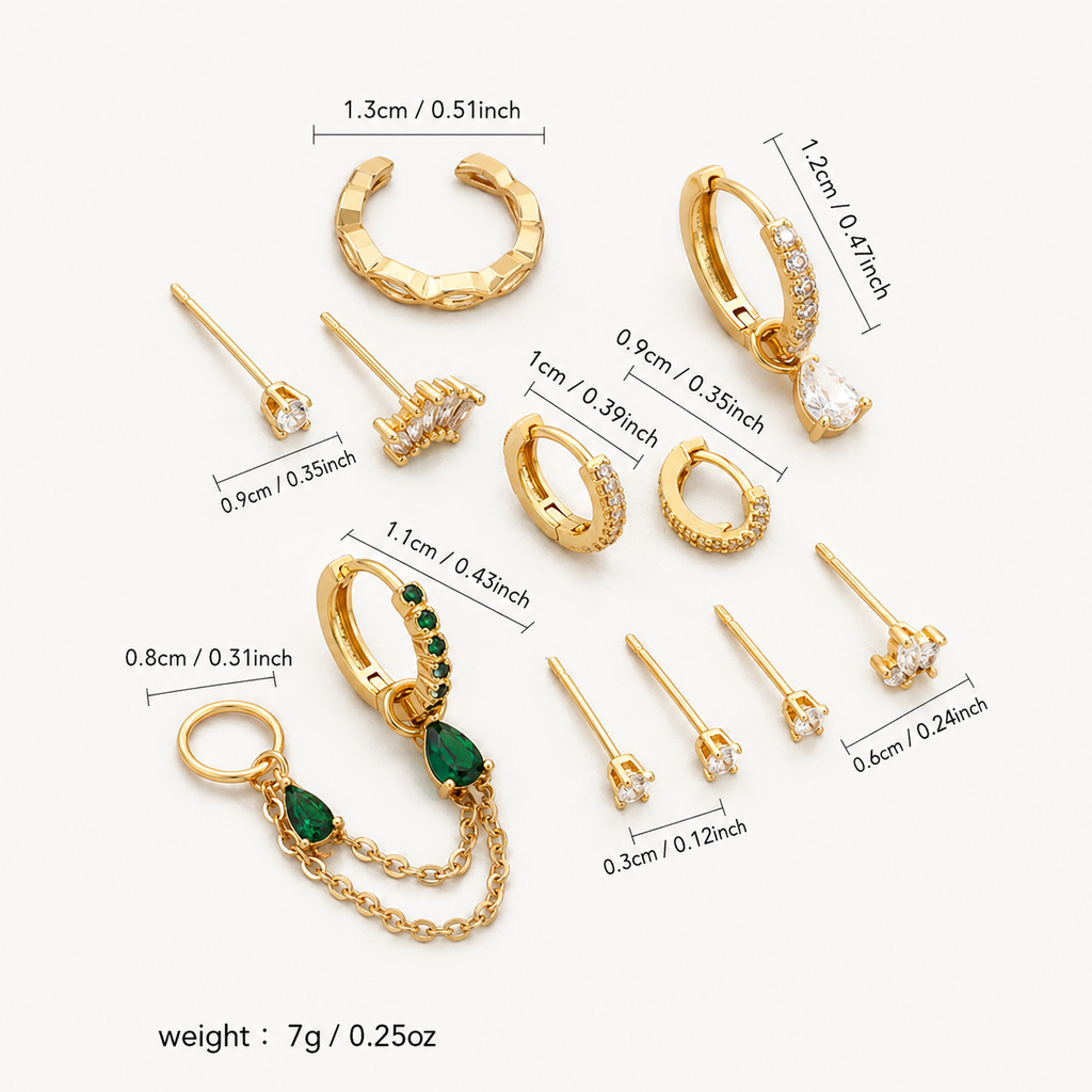 Emerald Teardrop – Gold-Tone Crystal Ear Stack Set