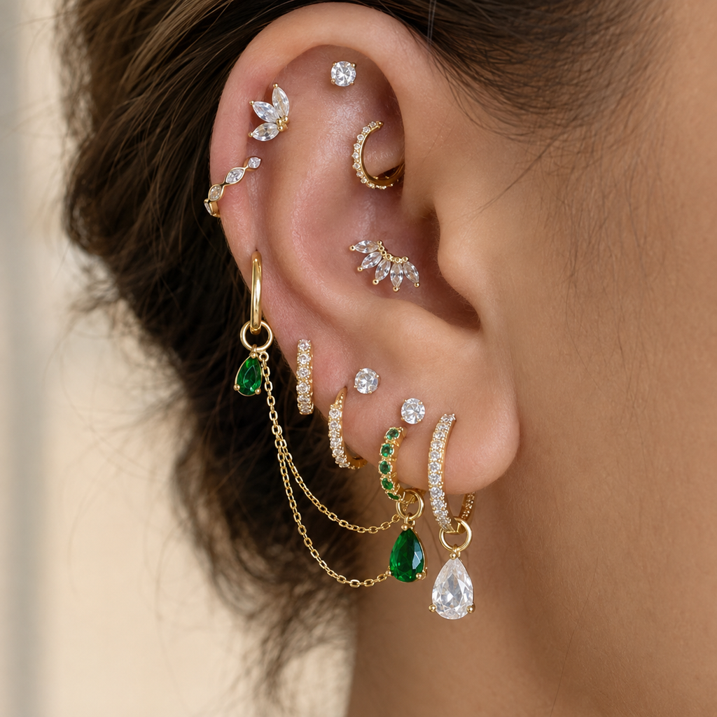 Emerald Teardrop – Gold-Tone Crystal Ear Stack Set