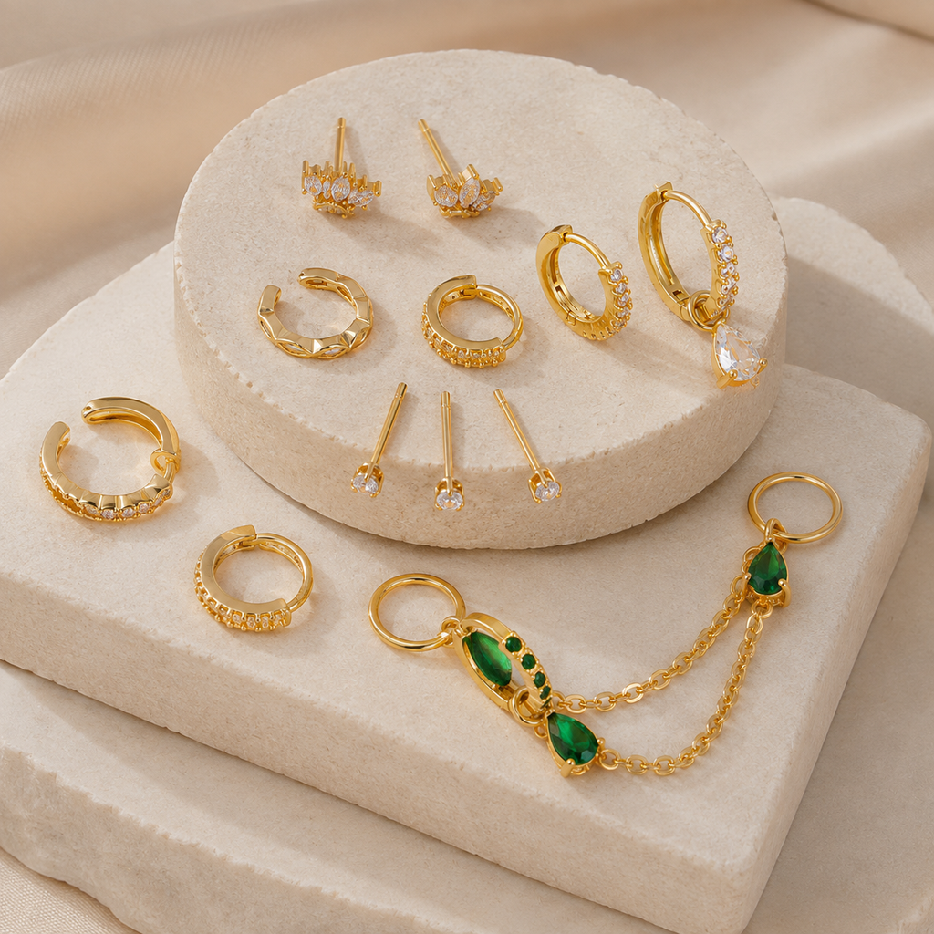 Emerald Teardrop – Gold-Tone Crystal Ear Stack Set