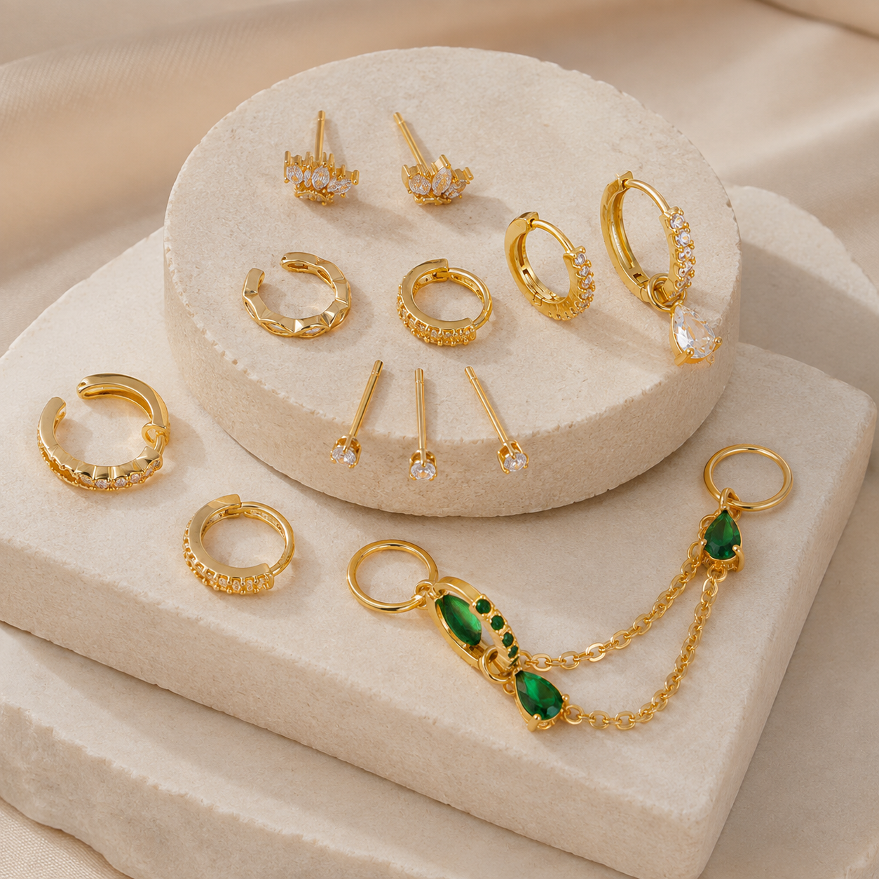 Emerald Teardrop – Gold-Tone Crystal Ear Stack Set