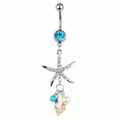 Ocean Starfish & Conch Crystal Belly Button Ring – Silver Surgical Steel Dangle Navel Jewelry | Glow Drop Jewelry