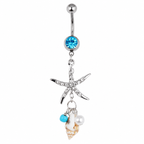 Ocean Starfish & Conch Crystal Belly Button Ring – Silver Surgical Steel Dangle Navel Jewelry | Glow Drop Jewelry
