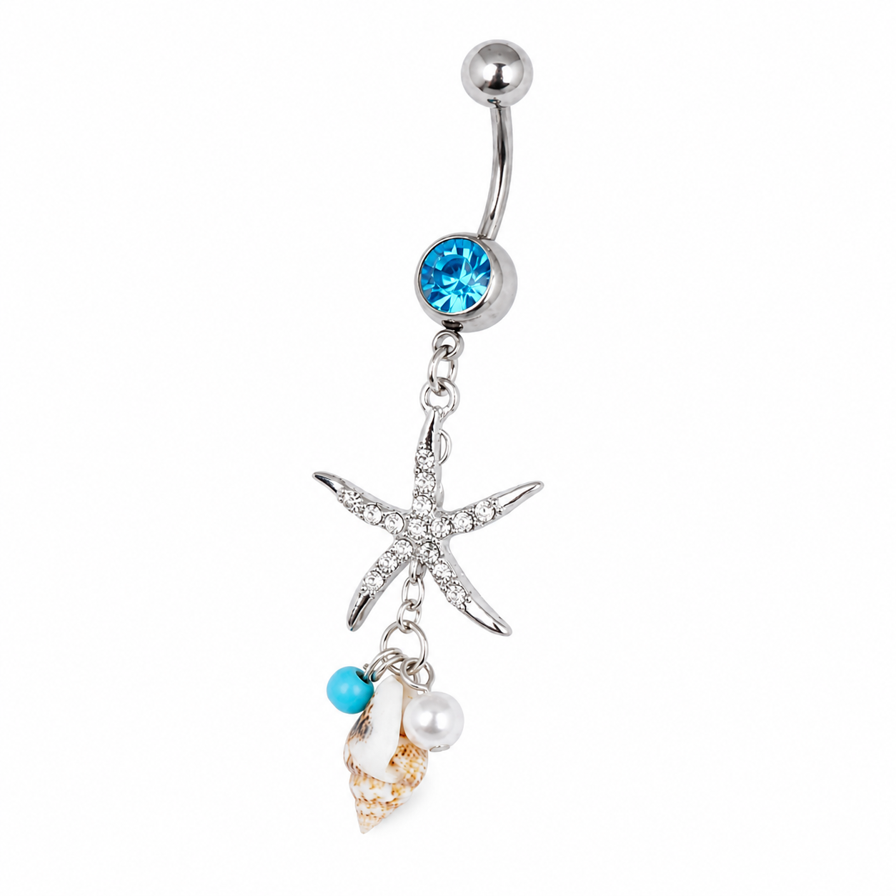 Ocean Starfish & Conch Crystal Belly Button Ring – Silver Surgical Steel Dangle Navel Jewelry | Glow Drop Jewelry