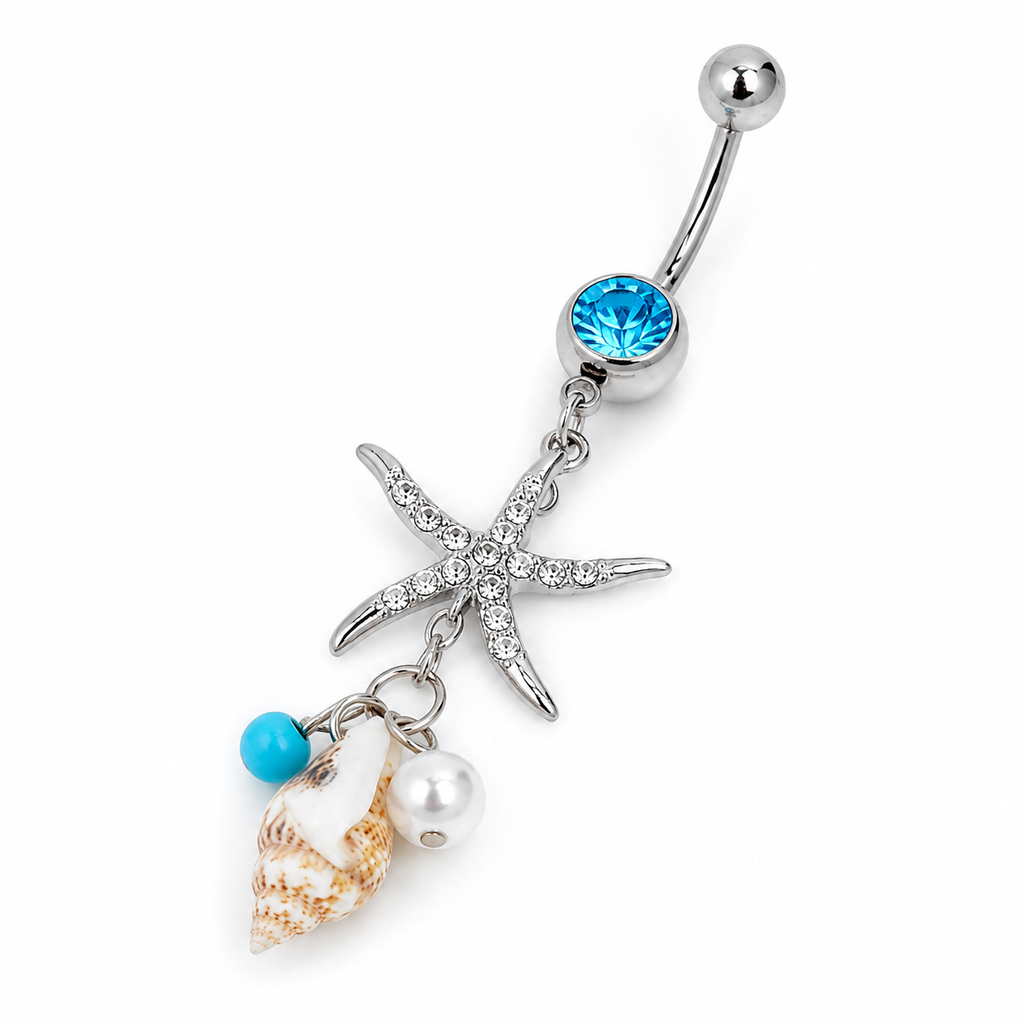 Ocean Starfish & Conch Crystal Belly Button Ring – Silver Surgical Steel Dangle Navel Jewelry | Glow Drop Jewelry