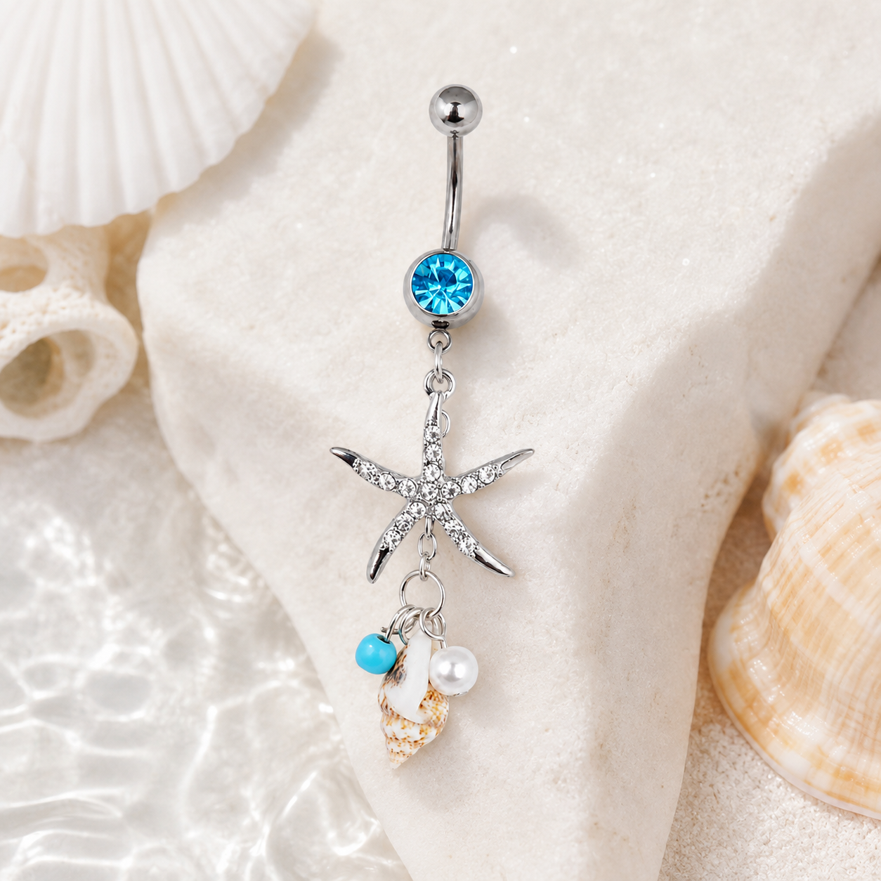 Ocean Starfish & Conch Crystal Belly Button Ring – Silver Surgical Steel Dangle Navel Jewelry | Glow Drop Jewelry