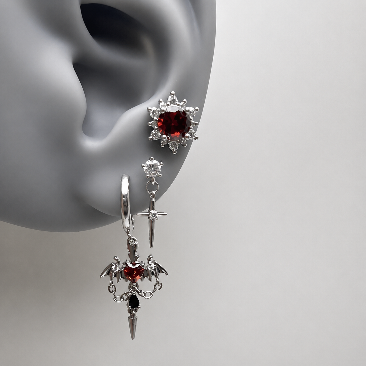 Crimson Gothic Ear Trio – Silver-Tone Red Crystal Earring Set