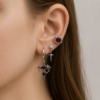 Crimson Gothic Ear Trio – Silver-Tone Red Crystal Earring Set