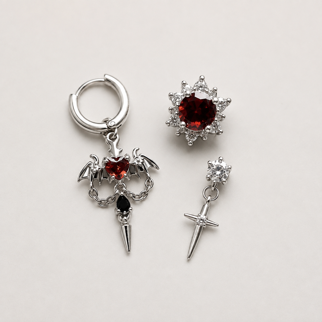 Crimson Gothic Ear Trio – Silver-Tone Red Crystal Earring Set