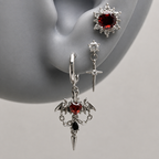 Crimson Gothic Ear Trio – Silver-Tone Red Crystal Earring Set