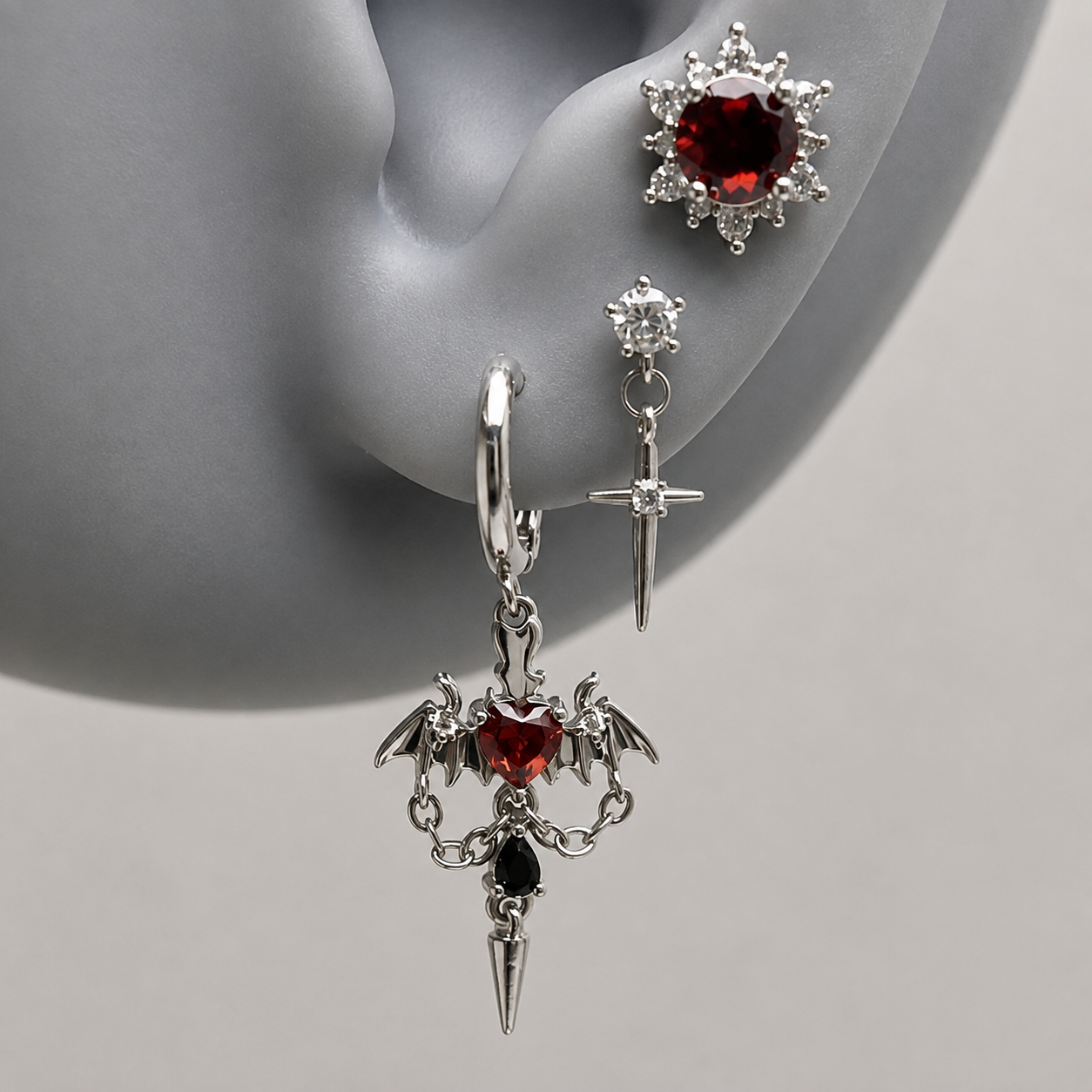 Crimson Gothic Ear Trio – Silver-Tone Red Crystal Earring Set