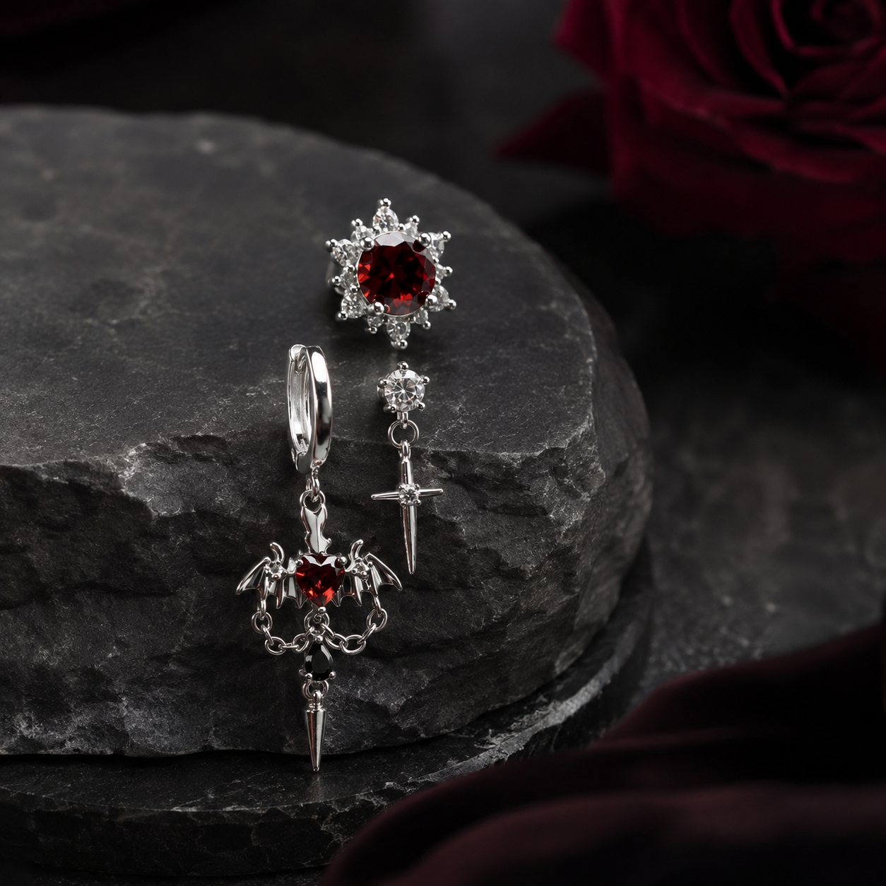 Crimson Gothic Ear Trio – Silver-Tone Red Crystal Earring Set