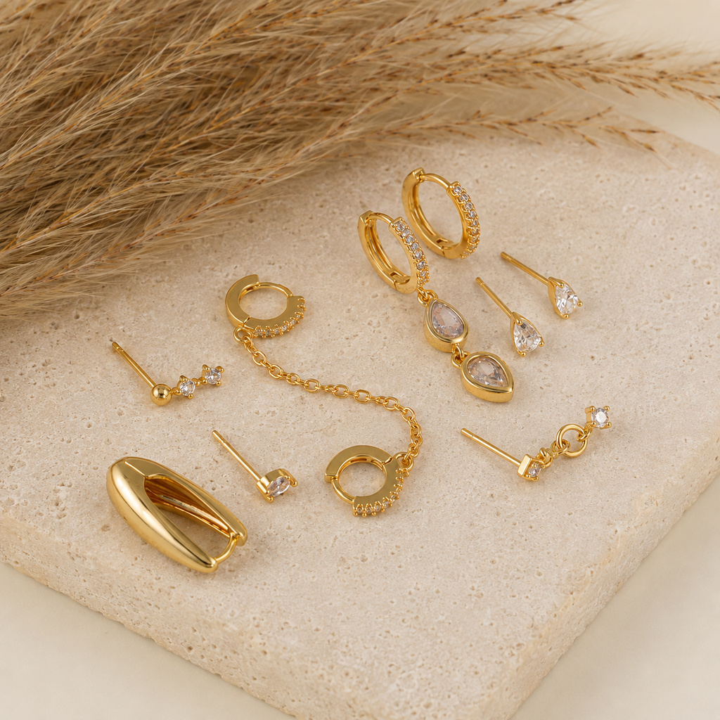 Retro Teardrop Chain Ear Stack – Gold-Tone Brass & Zircon 8-Piece Set