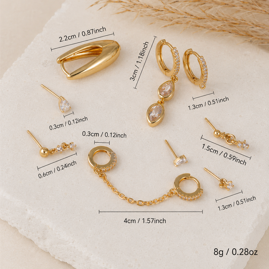 Retro Teardrop Chain Ear Stack – Gold-Tone Brass & Zircon 8-Piece Set