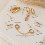 Retro Teardrop Chain Ear Stack – Gold-Tone Brass & Zircon 8-Piece Set
