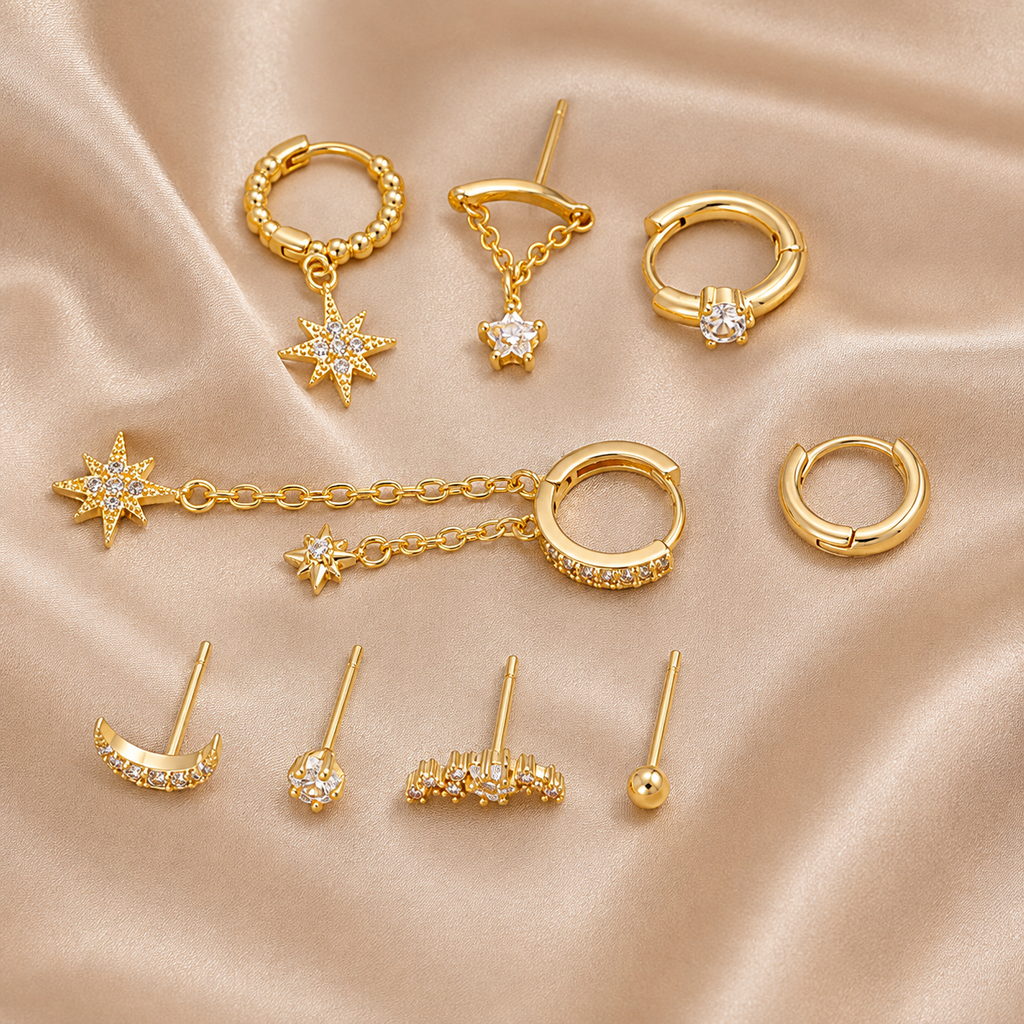 Milky Way – Gold-Tone Zircon Celestial Ear Stack, 9-Piece Set