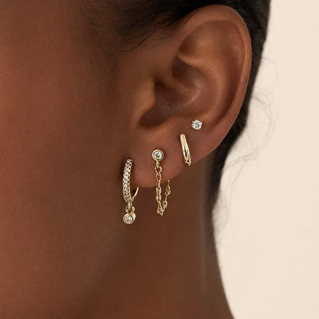 Golden Glow 4-Piece Curated Ear Stack Set – Crystal Huggie, Chain Drop, Hoop & Stud