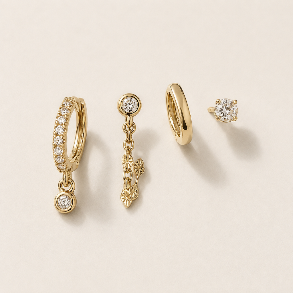 Golden Glow 4-Piece Curated Ear Stack Set – Crystal Huggie, Chain Drop, Hoop & Stud