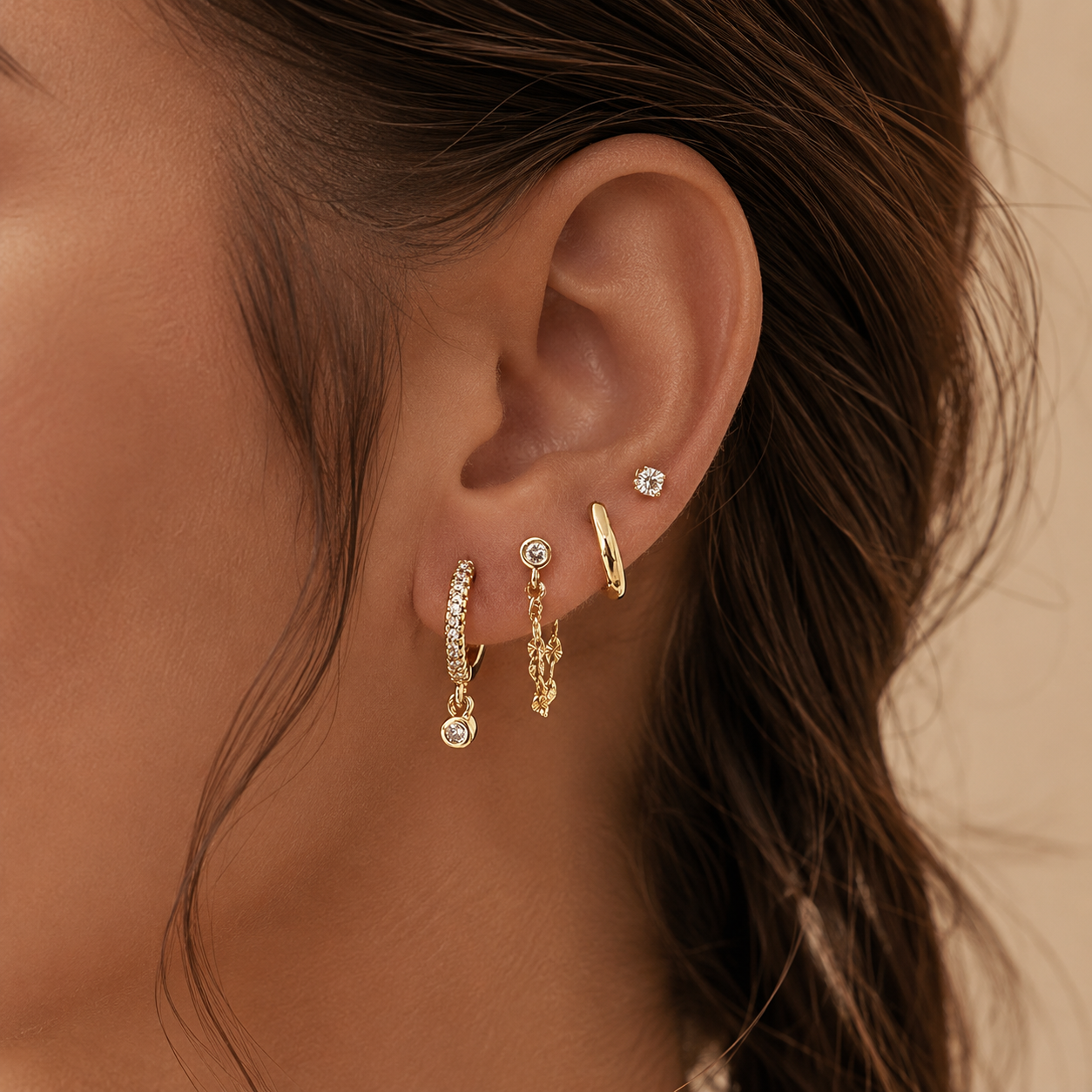 Golden Glow 4-Piece Curated Ear Stack Set – Crystal Huggie, Chain Drop, Hoop & Stud