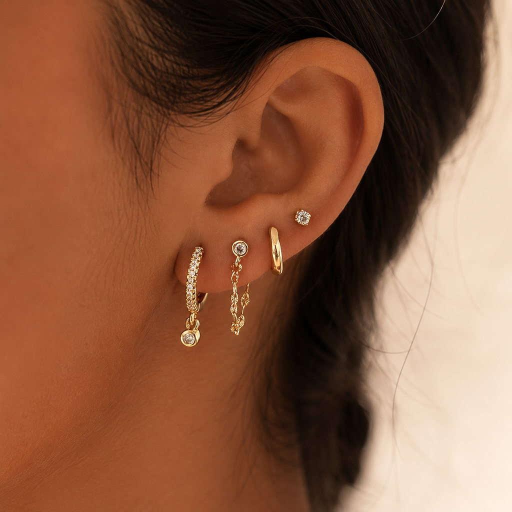 Golden Glow 4-Piece Curated Ear Stack Set – Crystal Huggie, Chain Drop, Hoop & Stud