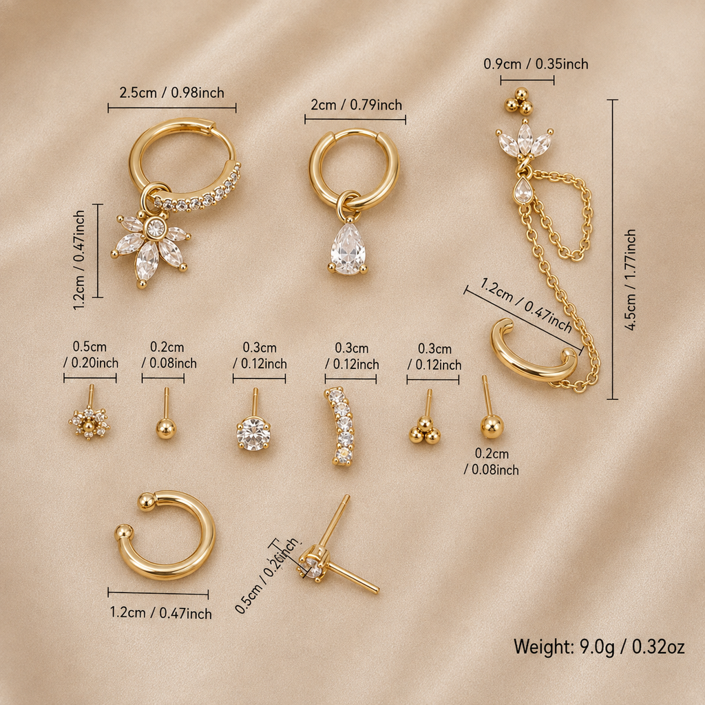 Crystal Bloom Chain Ear Stack – Gold-Tone Clear Stone Set