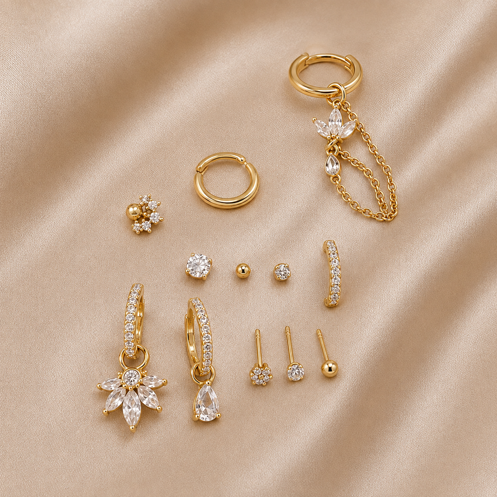 Crystal Bloom Chain Ear Stack – Gold-Tone Clear Stone Set