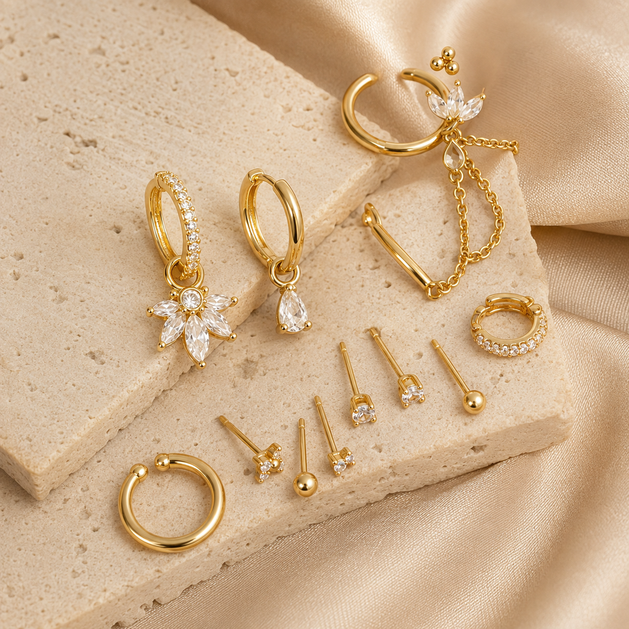 Crystal Bloom Chain Ear Stack – Gold-Tone Clear Stone Set