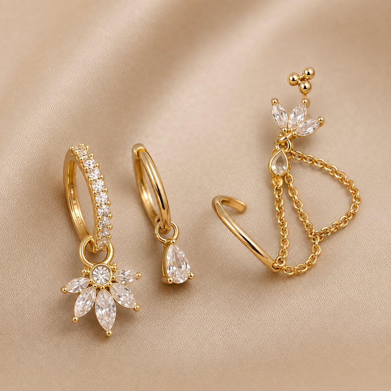 Crystal Bloom Chain Ear Stack – Gold-Tone Clear Stone Set