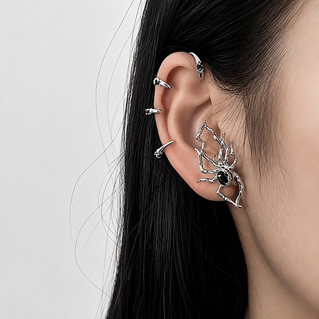 Gothic Spider Ear Cuff with Black Stone | Glow Drop Jewelry